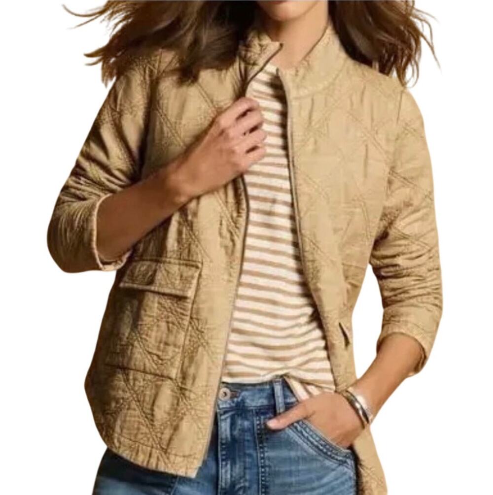 J.Jill Cotton Diamond Quilted Zip Up Jacket Tan Beige Light Bamboo Medium